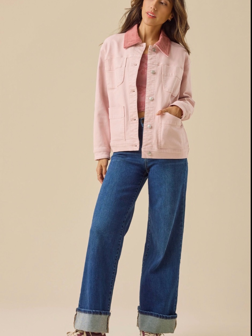 Altar'd State Blush Pink Corduroy-Collar Jean Jacket - Picture 2 of 6